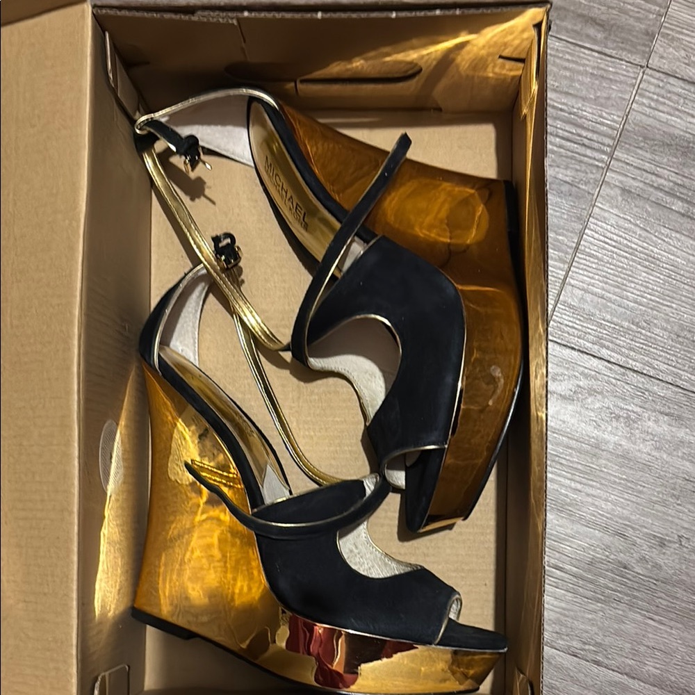 Versace Black and Gold Heels with Ankle Straps